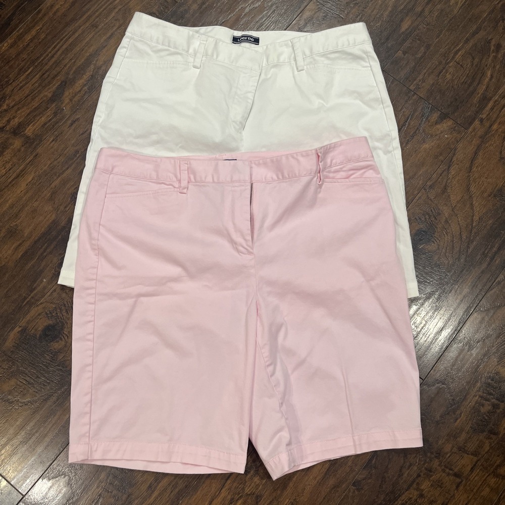 Lands' End Womens Size 16 Bermuda Shorts Lot of 2 Pink / White Stretch Cotton